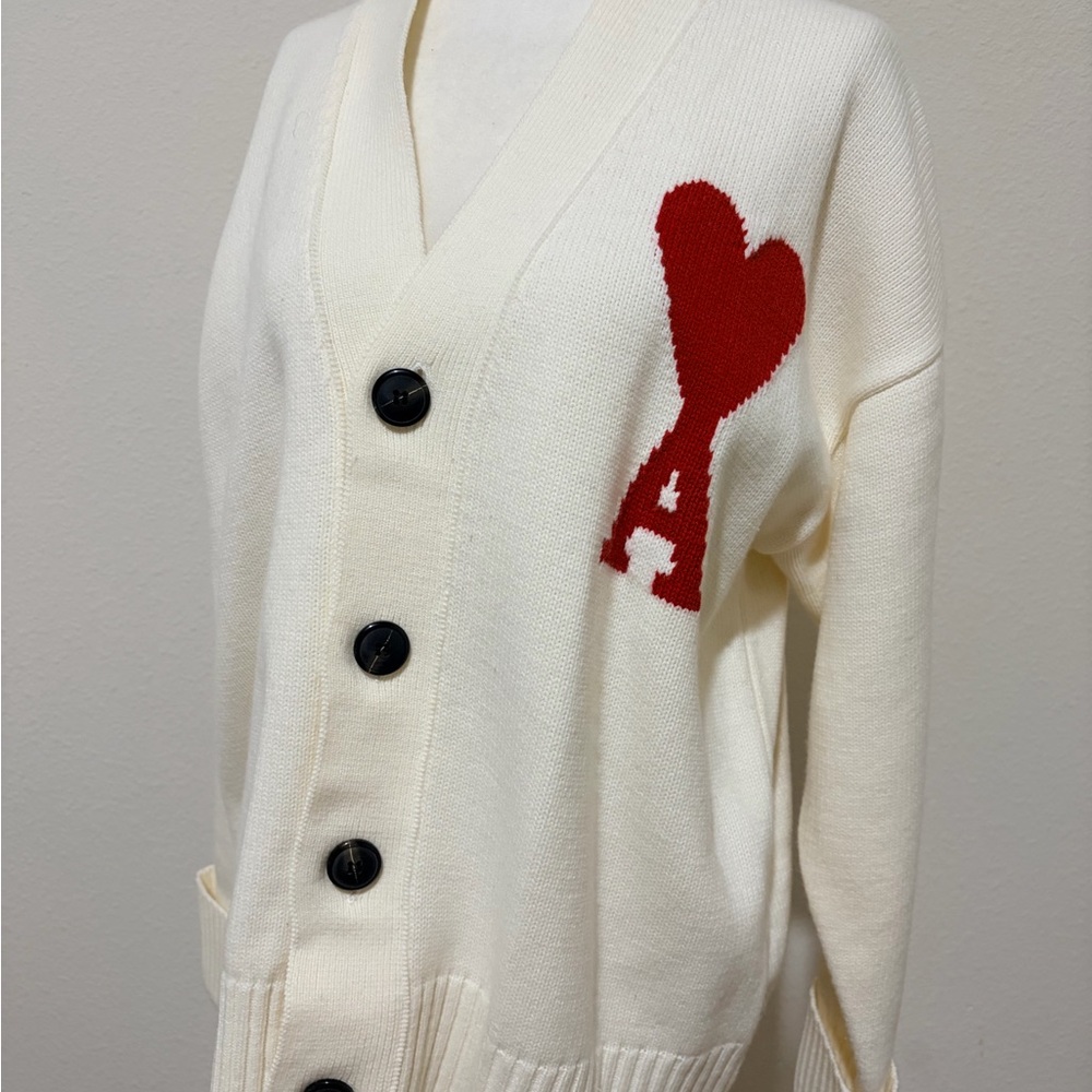 AMI Paris Ami de Coeur Wool Cardigan – Off White/Red – Unisex – Size S